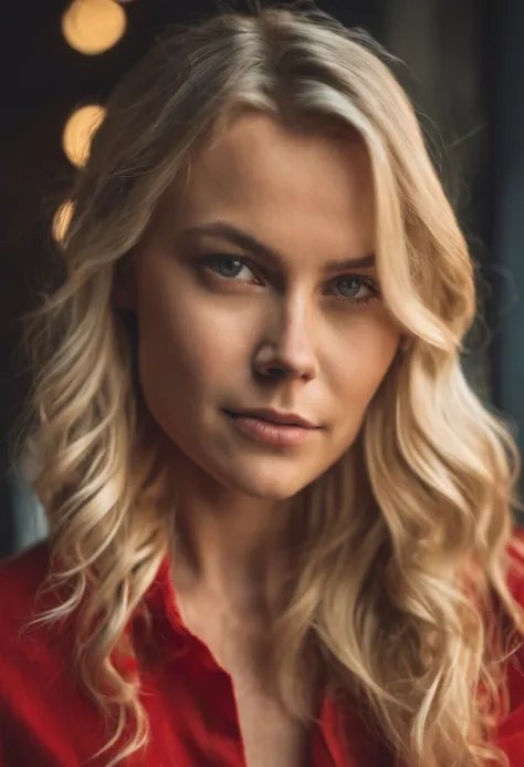 Blonde woman with long hair and red shirt staring at camera, Close up of blonde woman, blonde and attractive features, blonde swedish woman, Blonde Woman, a photography of a beautiful woman, Attractive woman, Young blonde woman, Beautiful blonde woman, a g...