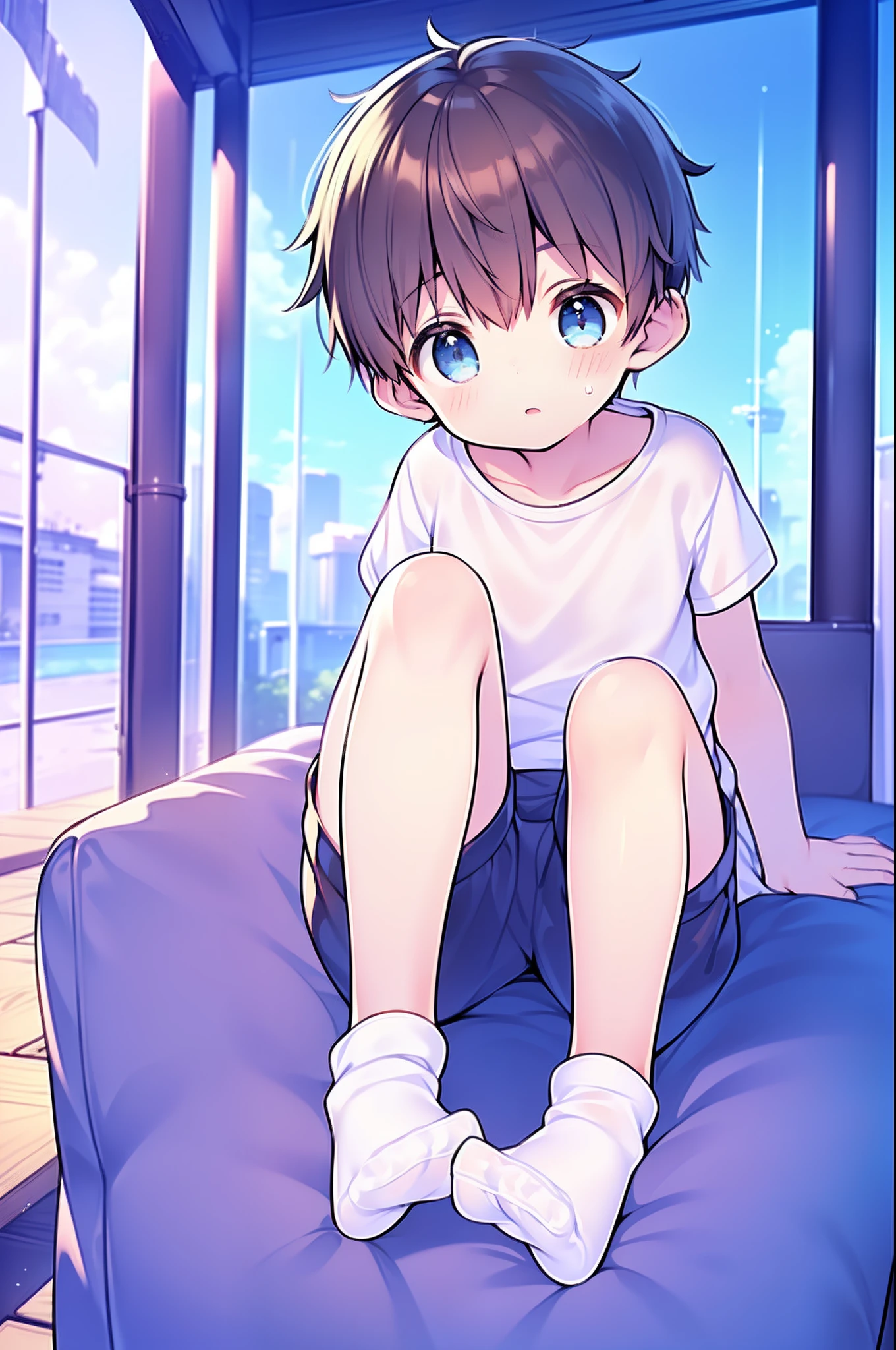 Shota Little Boy White Head, arms, body, legs with bluish black pattern, whole body, eyes and pupils blue, feet, (Young:1.4), (Child:1.4), (Shota:1.8), (male:1.8), (boy:1.9), NegfeetV2, (blue eyes:1.6), (brown hair:1.6), (short hair:1.7), (feet in focus:1.2), (socks:1.6), (laying on bed:1.4), (foot:1.4), (sweatpants:1.4),