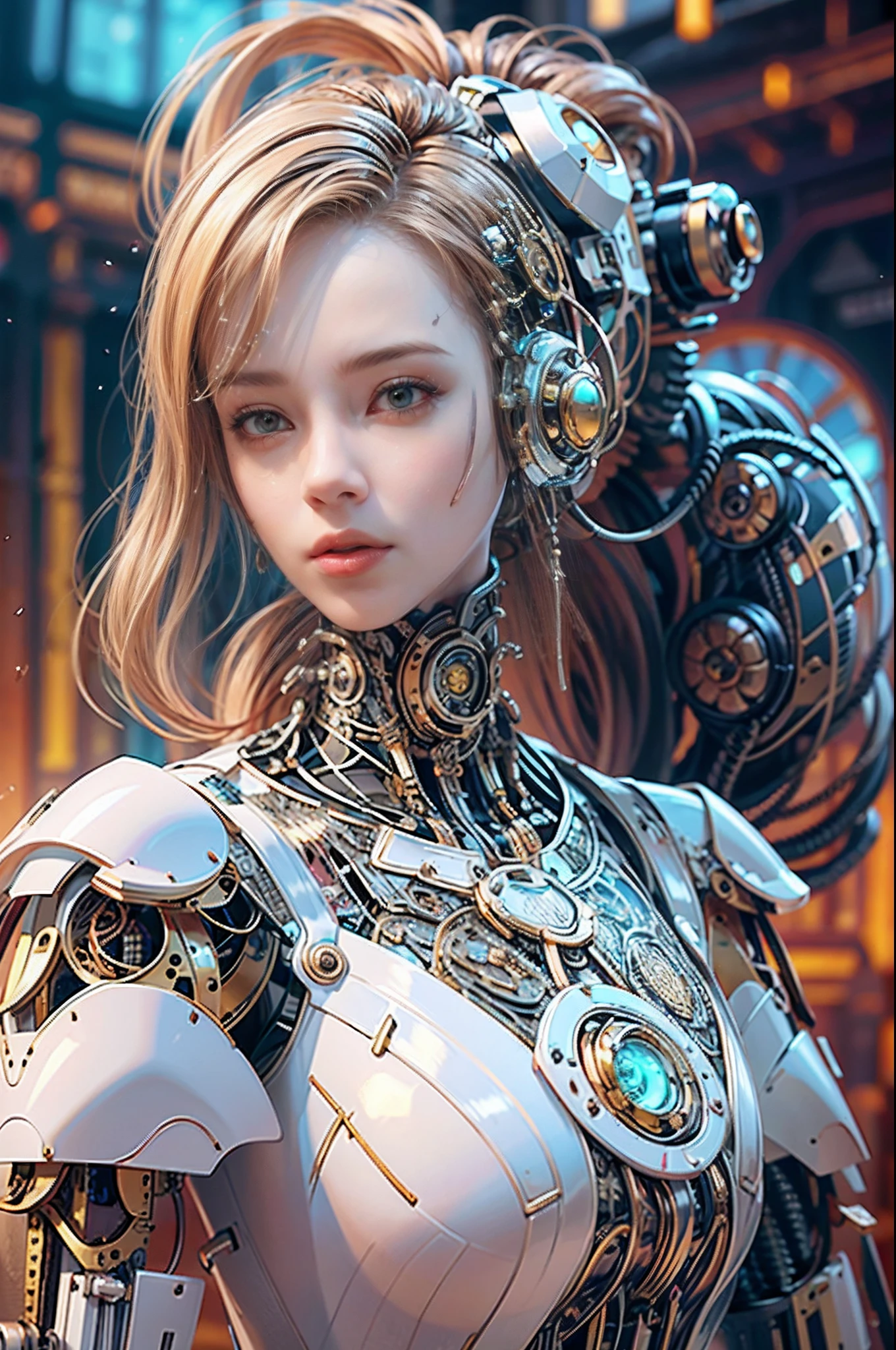 Transparent mechanical beauty，cyber punk perssonage，dreamy glow，luminous neon lights，（globalillumination，Ray traching，hdr，The rendering is not realistic，Rational design，high detal，tmasterpiece，best qualtiy，hyper HD，cinmatic lighting），Mecha musume