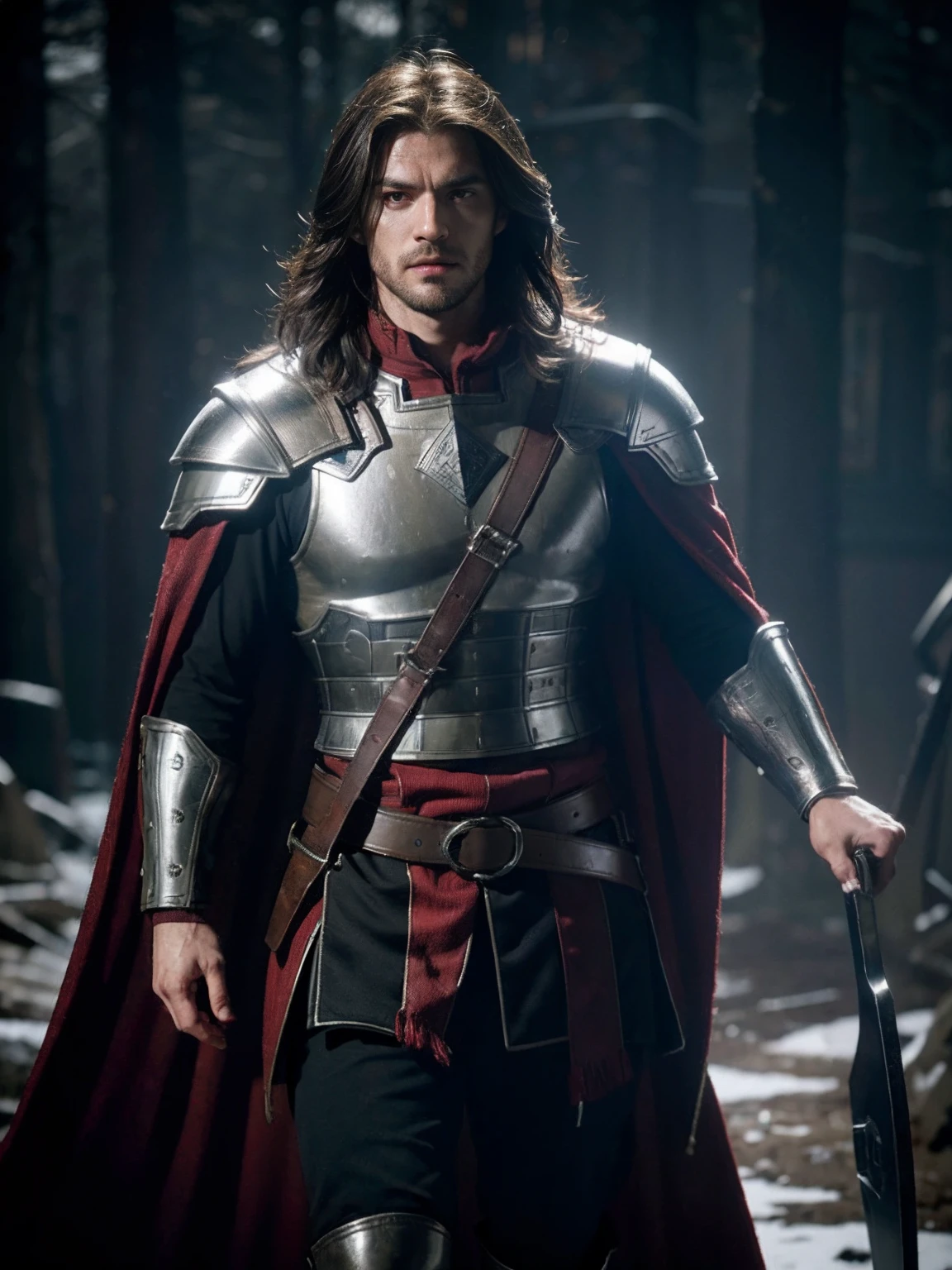 1man, solo, male viking warrior with red helmet and cape, long black hair, angry, extremely handsome young man, silver hour, photorealistic, high contrast, 8k HD, detailed, hyper-detailed, realistic skin texture, blonde hair, huge chest, neckline, best quality, ultra high res, raw photo, dramatic lighting, unreal engine, intricate diffuse glow and silver tab, black cape, battlefield,  Standing