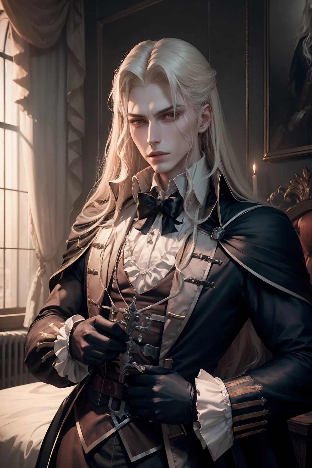 1homme, bel homme, Upper body portrait of Alucardcastlevania Wearing a court suit in the bedroomGothic room, bougie, Regarder le spectateur, Dim Light, Sombre, horreur \(theme\), Realstic, longue blonde,