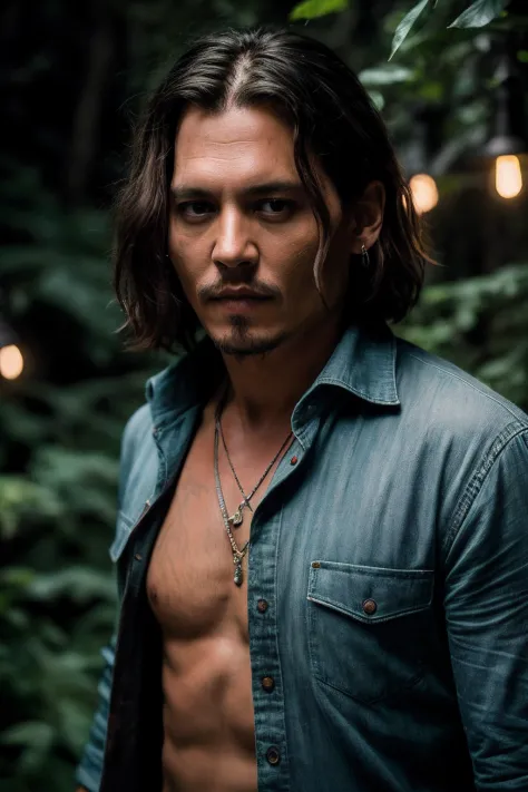 masterpiece, johnny depp walking through jungle at night among fireflies, full body captured, carry a giter (high detail:1 1), rough face, natural skin, high quality, nsfw, beautiful eyes, (detailed face and eyes), (face: 1 2), noise, extra, real photo, PS...