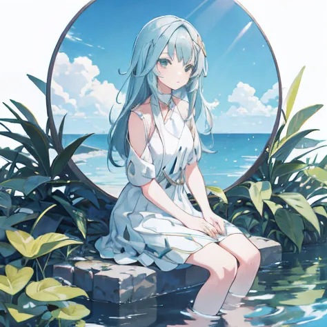 green fields pattern, white background, casual outfit, facing sideway, sitting, inside in the circle in the middle, long hair, water reflection,