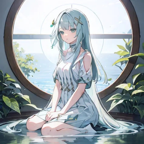 green fields pattern, white background, casual outfit, facing sideway, sitting, inside in the circle in the middle, long hair, water reflection,