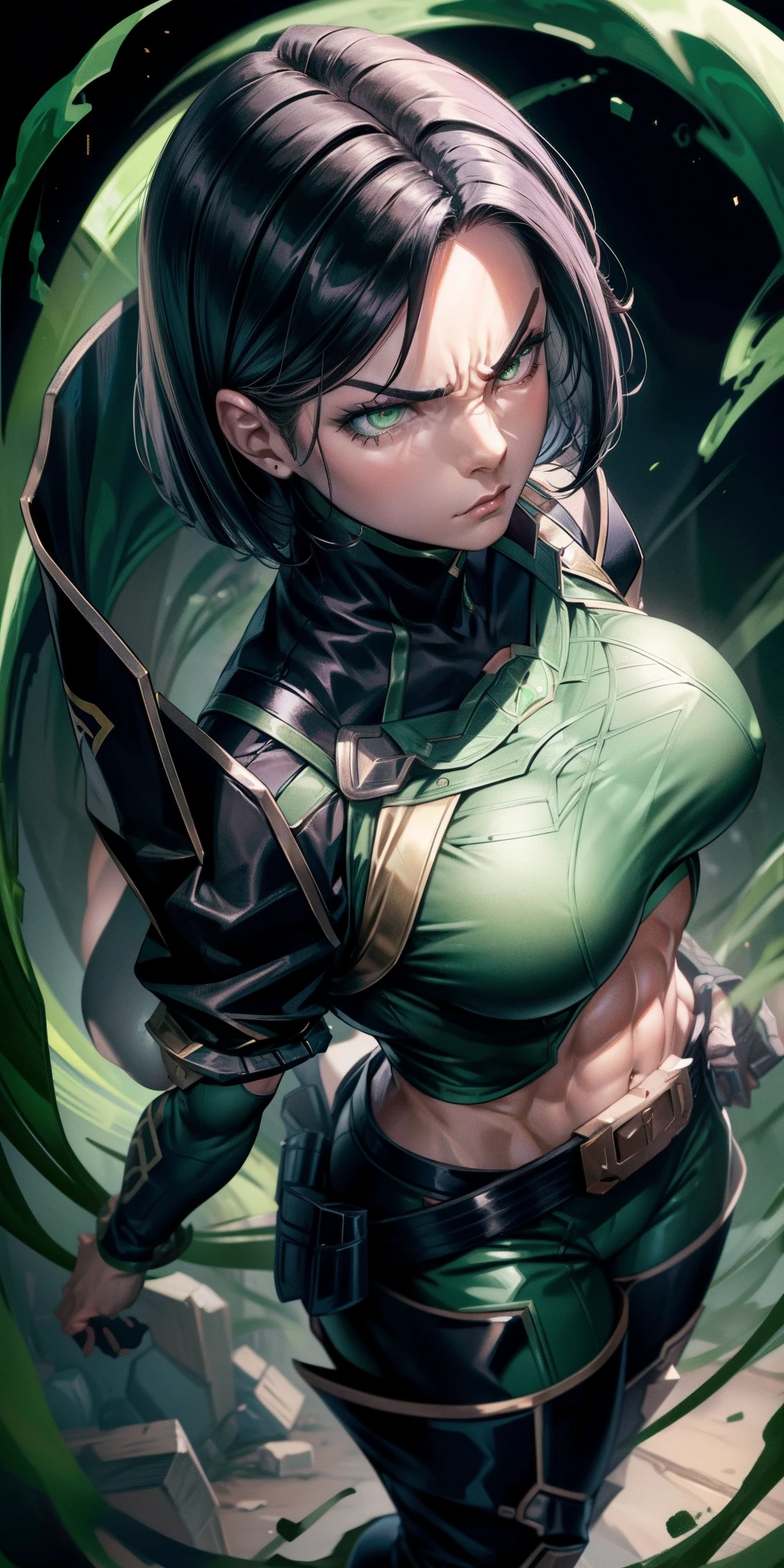 Masterpiece, Best quality,looking from above，《Fearless viper》, Bikini, mitts, belt, thigh boots, respirator, view the viewer, face, Portrait, Close-up, Glowing eyes, green smoke, Black background,huge tit，Raised chest，Bare-bodied，Close-up of chest，angry look，Devil figure，Staring angrily at the screen，Facing the screen，Muscle woman，abs，naked belly