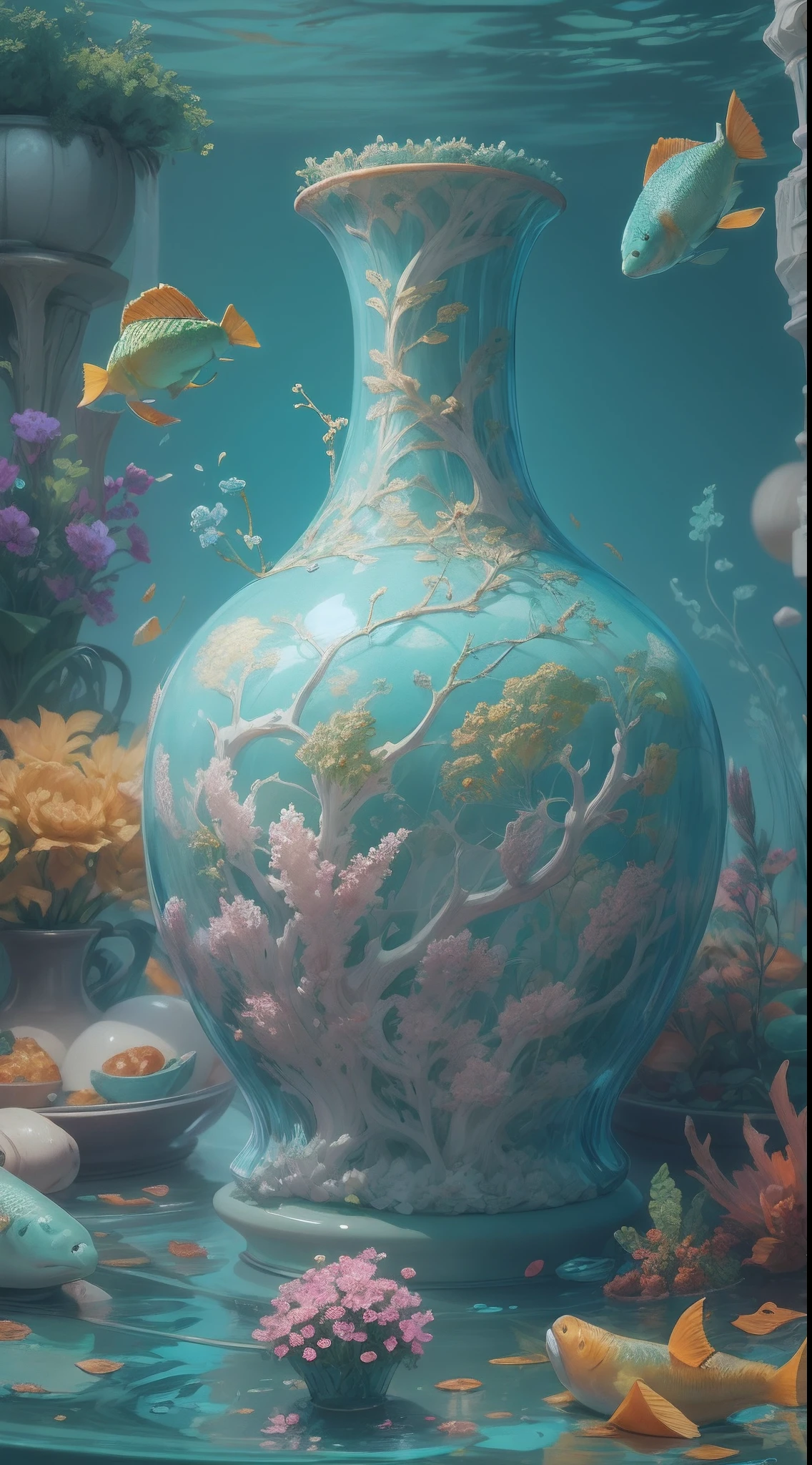 underwater shot，chinaware，In a chic，closeup cleavage，Sky blue porcelain vase, No Man, still-life, Pedras preciosas, ((bubbly underwater scenery))，Beautiful underwater coral reef in the background，Rochas,Marine life，colorful coral reef, (Extremely detailed CG Unity 16k wallpaper), Masterpiece, Super detailed, Epic composition, Highest quality, 16k，Beautiful digital artwork, Guviz-style artwork, 8K highly detailed digital art, Beautiful digital illustration, Cute detailed digital art, stunning digital illustration, A beautiful artwork illustration, Exquisite digital illustration,,16k detailed digital art,