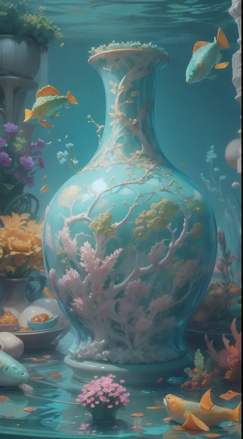 underwater shot，chinaware，In a chic，closeup cleavage，Sky blue porcelain vase, No Man, still-life, Pedras preciosas, ((bubbly und...