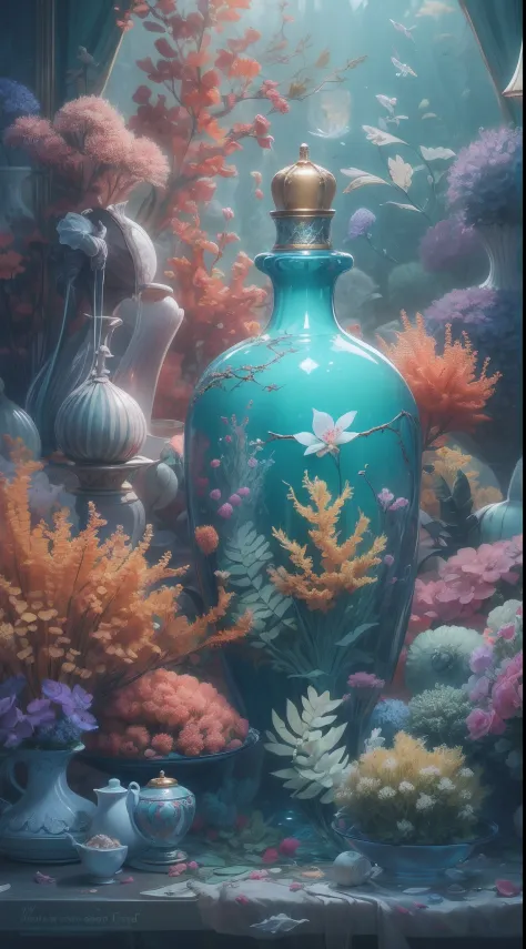 underwater shot，chinaware，In a chic，closeup cleavage，Azure porcelain bottle, No Man, still-life, Pedras preciosas, ((bubbly unde...