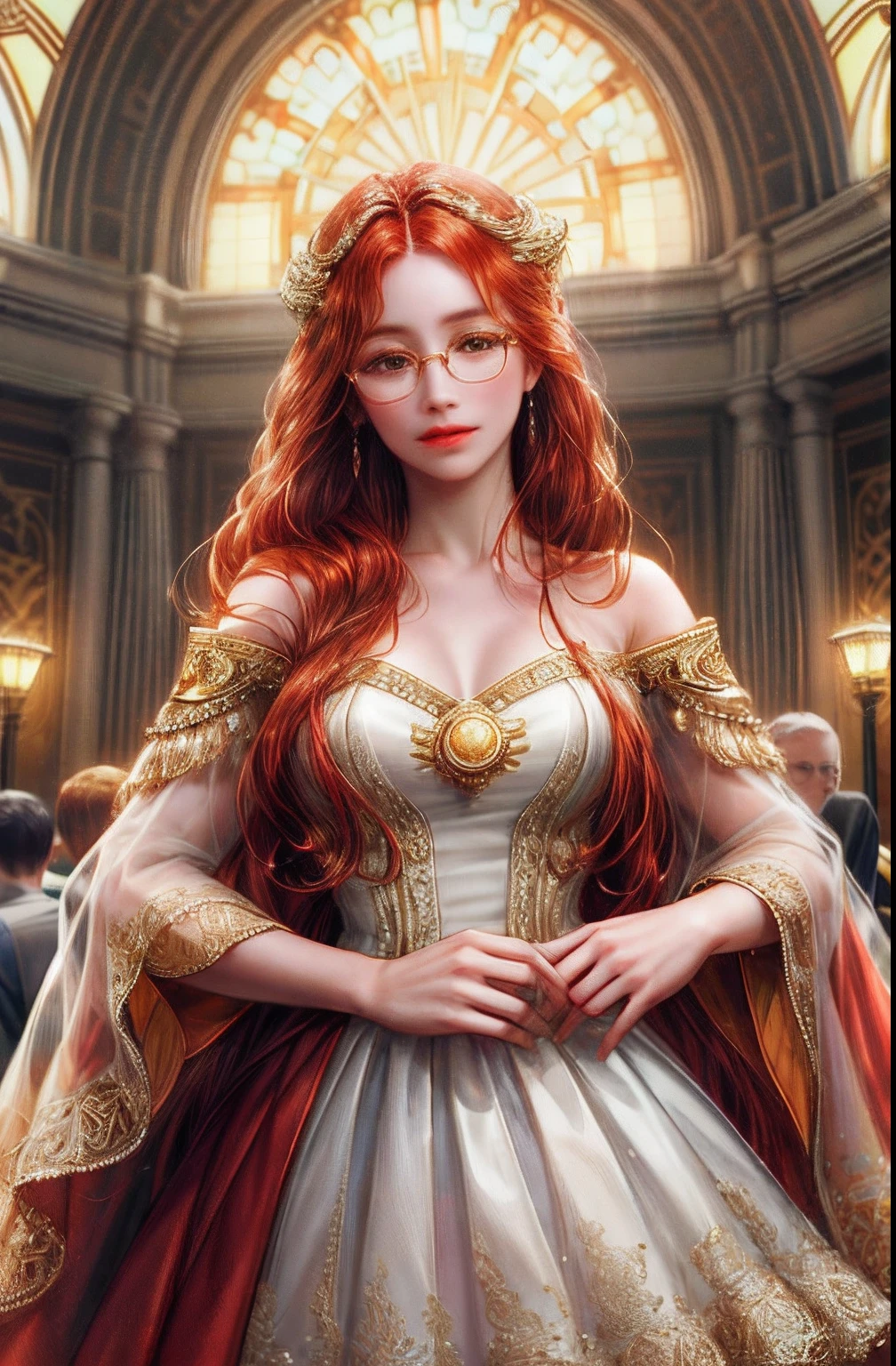 ( High quality , ultra detailed to hand )Zodiac - Aries goddess , similar to latin goodness , Brave ,willful ,productive ,enterprising and humanitarian face , sunset reddish hair , long hair , transparent dress , in the ballroom with partner , high difference ,  whole body , crystal yellow eyes(eye detailed ),glasses