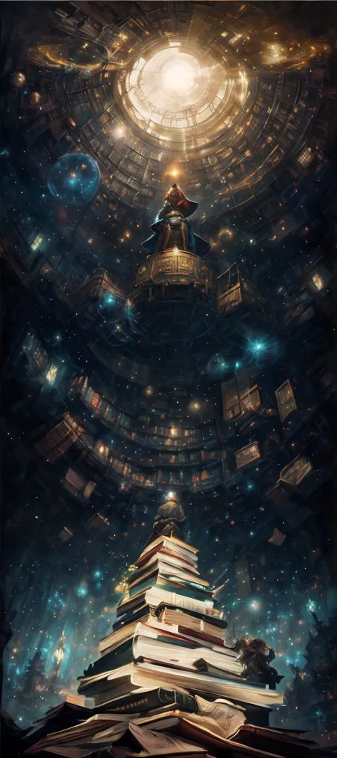 there is a painting of a man sitting on a pile of books, magical realism painting, science fantasy painting, borne space library...