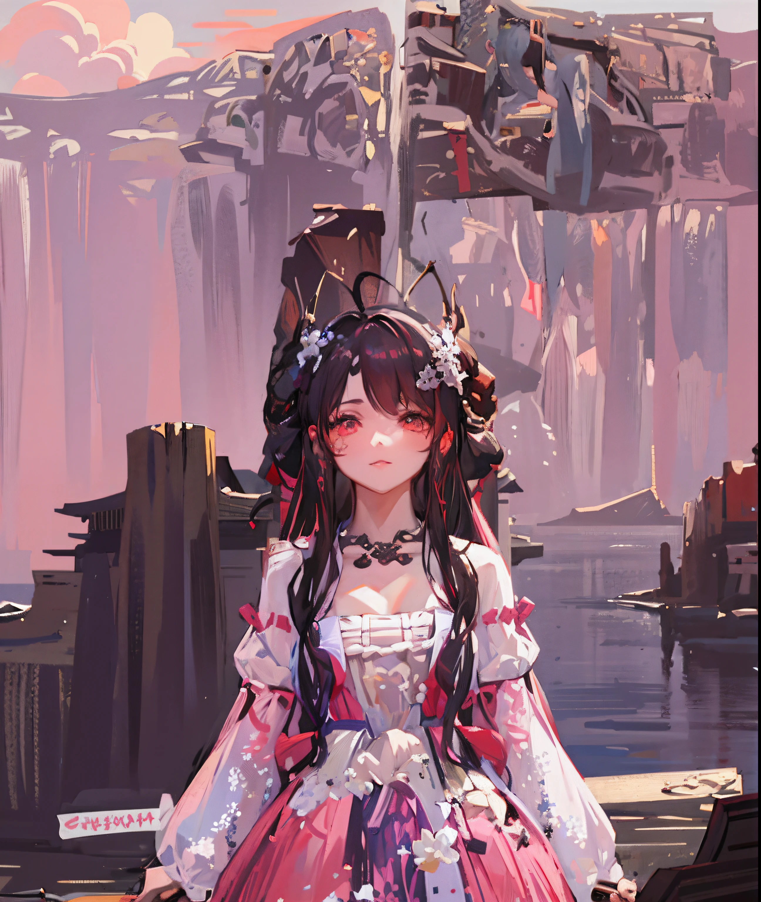 On the dock stood a woman in a pink dress, pink twintail hair and cyan eyes, Palace ， A girl in Hanfu, hime-cut, a beautiful fantasy empress, inspired by Lü Ji, Inspired by Lan Ying, 8K!!, Inspired by Dai Xi, Red long-haired, pale red, 8K octave rendered photos