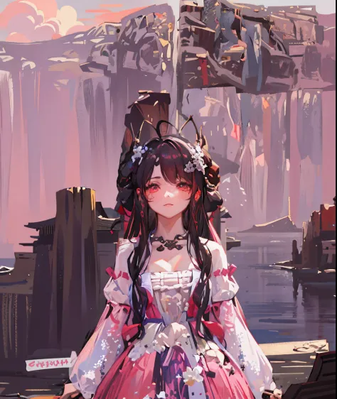 On the dock stood a woman in a pink dress, pink twintail hair and cyan eyes, Palace ， A girl in Hanfu, hime-cut, a beautiful fan...