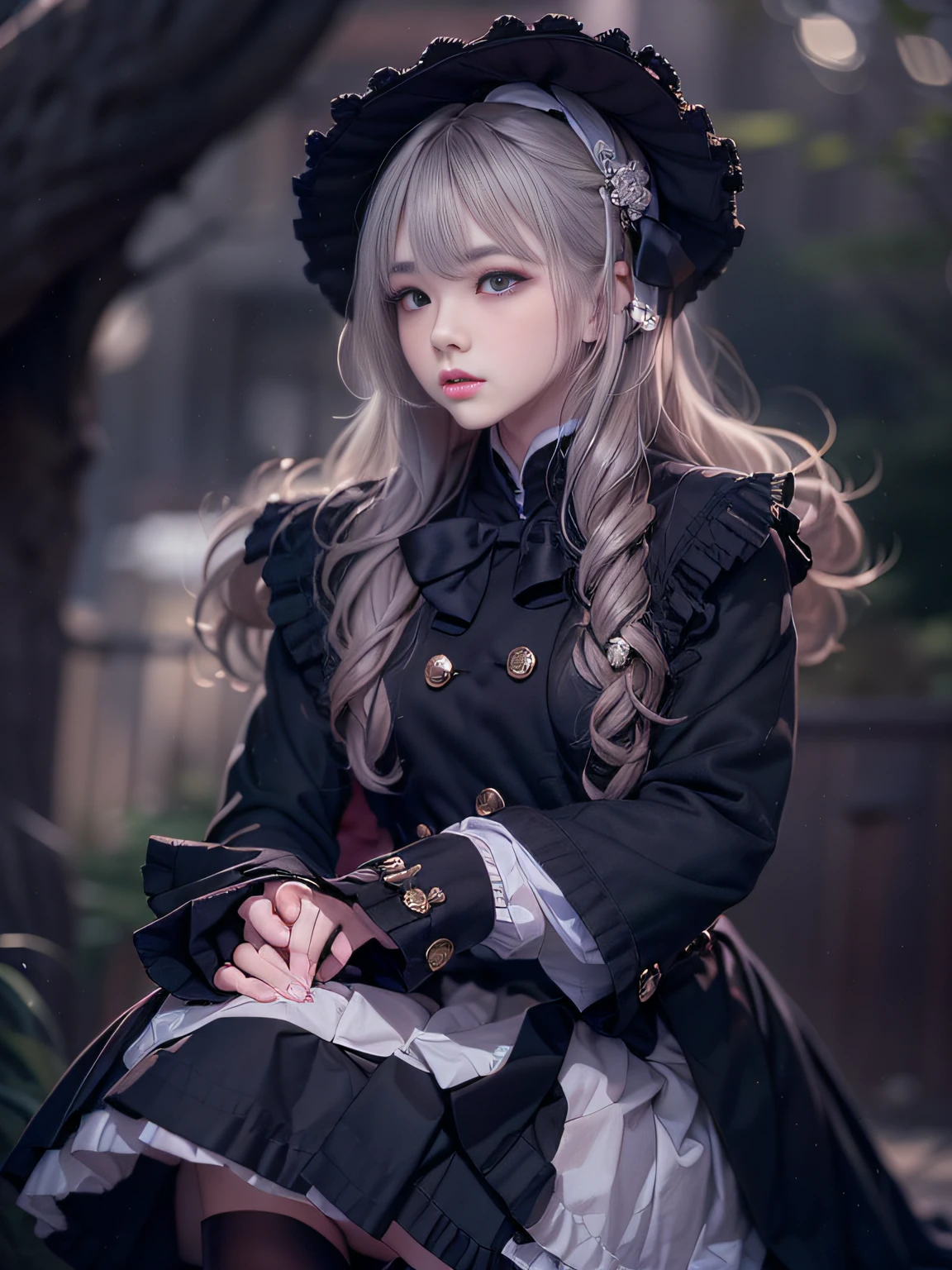 Super beautiful photo，Realistic，ultra-detailliert，Detailed beautiful face and eyes，retinas, masutepiece, ccurate, Anatomically correct,Alafe in black and white coat and black dress, victorian gothic lolita fashion, loose coat collar sailor uniform, Lolita style, Lolita Fashion, ((wearing aristocrat robe)), victorian inspired clothing, black gothic lolita dress, Dark style, black rococo, small curvy loli, Gothic coat, wearing a fancy black jacket, in victorian aristocrat，Tsurime,ultimate beauty girl，Shining blue eyes，Princess Hair,((smooth hair，detailed hairs，Very fine hairs)),(Knee-length skirt:1.7),1girl in,((small tits,Thin leg,skinny thigh)),slim figure,extremely detailed eye and face、beatiful detailed eyes,Cool color makeup,Expro II，Lens Flare，Sharpen，cinematic shadow,