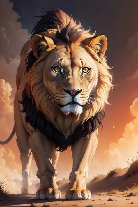 a powerful lion with yellow and red background colors. looking ahead at the end of the hill.