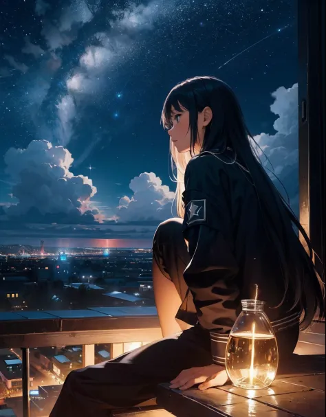 octans, sky, star (sky), scenery, starry sky, night, 1girl, night sky, solo, outdoors, building, cloud, milky way, sitting, tree...