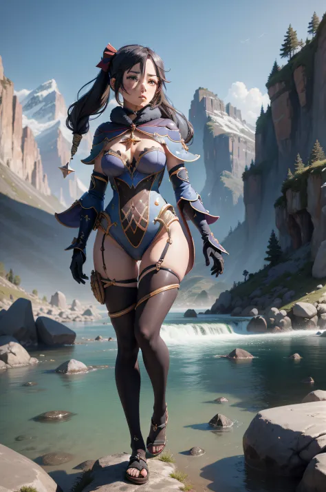 1 girl, pretty face, Mona from Genshin Impact, realistic skin, perfect anatomy, full body, mountains with high peaks in the background with a river in the valley, cinematic lighting, UHD, masterpiece, anatomically correct, high details, high quality, award...