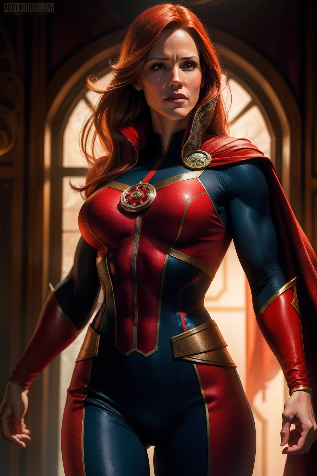 Jennifer Garner as Dr. strange, defined muscles, red hair, athletic build, tight costume, highly detailed