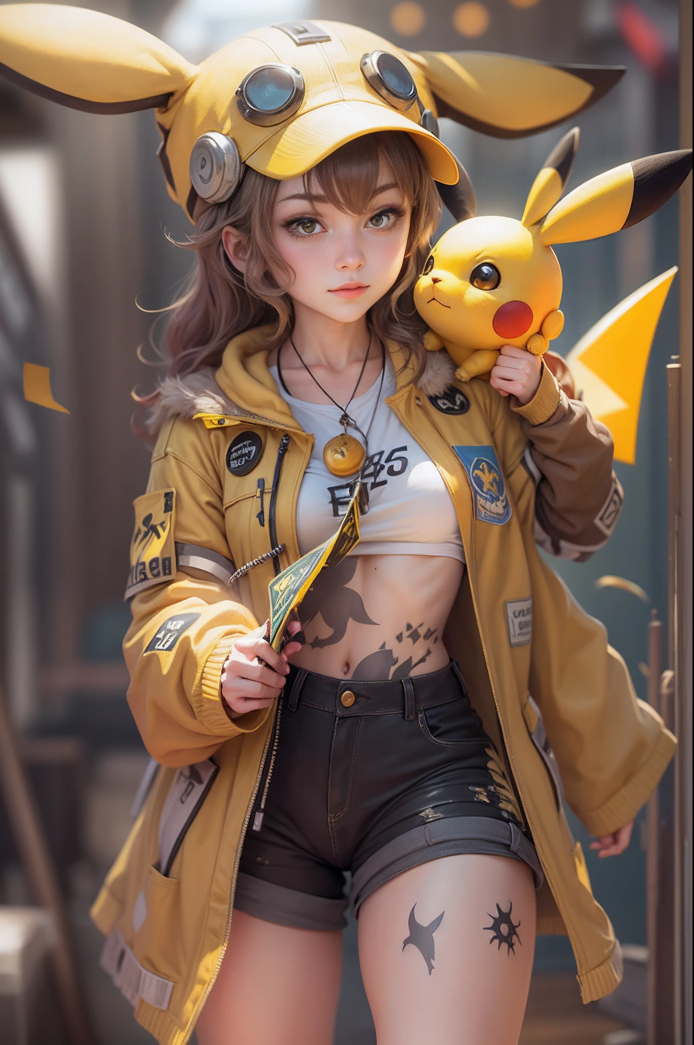 A woman in a yellow jacket and black shorts holding a pokemon figure -  SeaArt AI