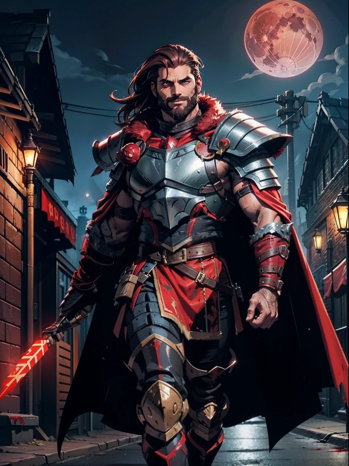 Dark night blood moon background, Darkest Dungeon style, walking on the street. Todd Smith as Ares from Xena, athlete, short mane hair, mullet, defined face, detailed eyes, short beard, glowing red eyes, dark hair, wily smile, badass, dangerous. Wearing full red armor with scales, cape of furs.