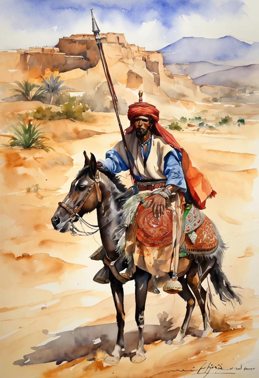 Painting of a man riding a horse in the desert with a spear - SeaArt AI