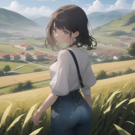 Rear view of 1 anime Girl in white loose half sleeve top, fair skin, brown eyes, small tight and sweet ass, black hair, wearing long denim strap pants roaming in grass fields in highlands near town looking towards mountains