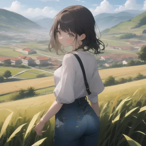 Rear view of 1 anime Girl in white loose half sleeve top, fair skin, brown eyes, small tight and sweet ass, black hair, wearing long denim strap pants roaming in grass fields in highlands near town looking towards mountains