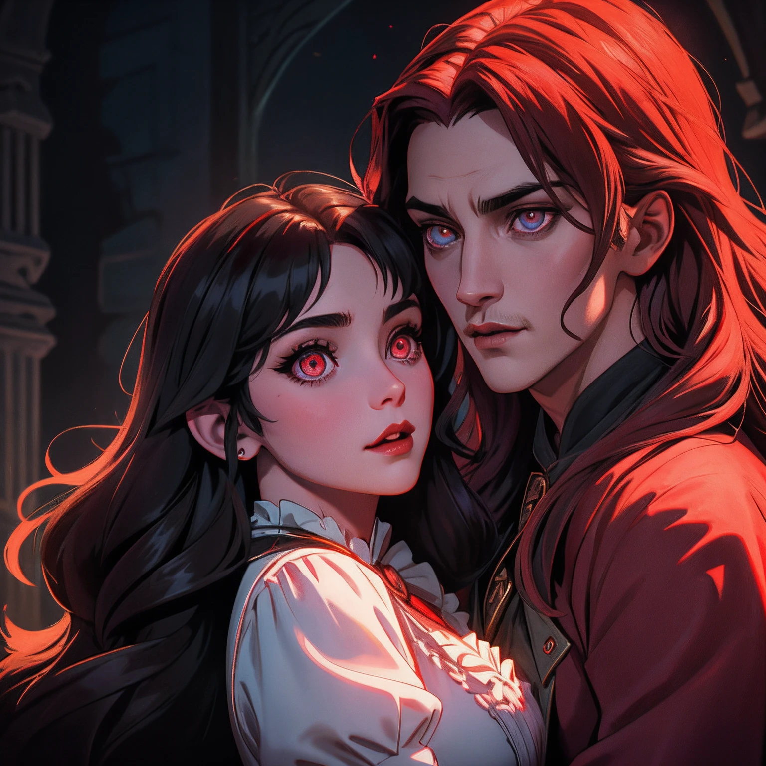 Castlevania Lord of the shadows hyper realistic super detailed love story between Dracula lord and Beautiful princesse glowing eyes