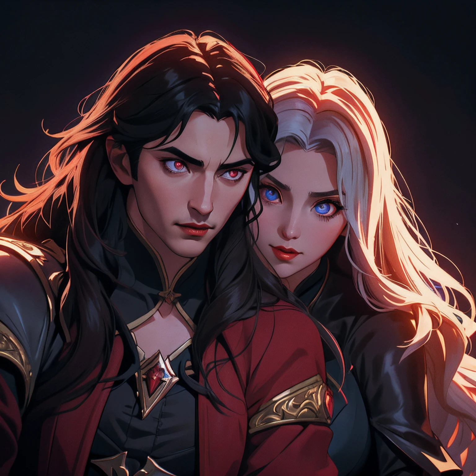 Castlevania Lord of the shadows hyper realistic super detailed love story between Dracula lord and Beautiful princesse glowing eyes