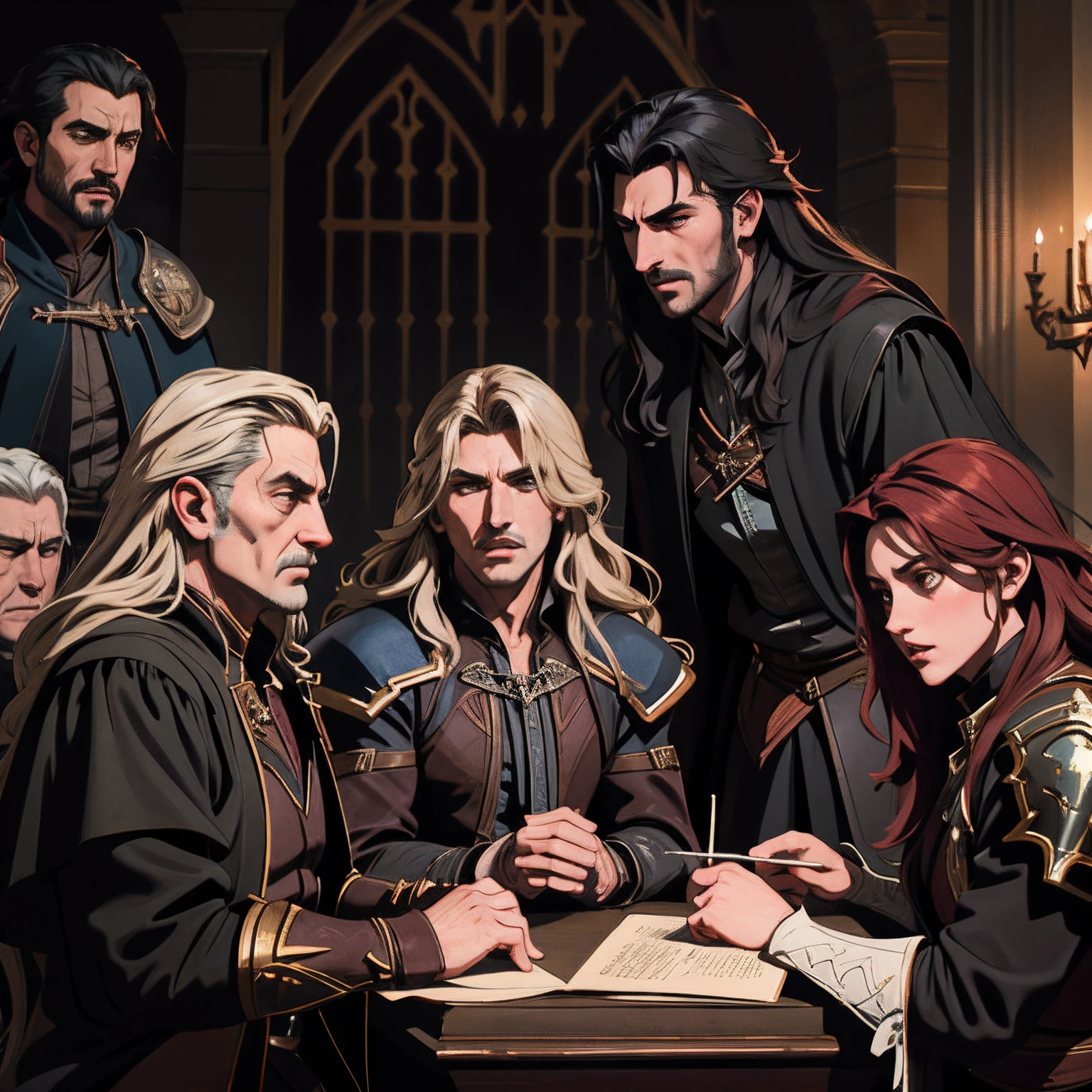 Castlevania Lord of the shadows conversation between 10 knights men in court hyper realistic super detailed expressions hyper realistic super detailed