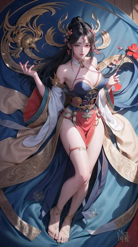 Ancient China woman, above waist，There is a flower tattoo on the bare back，Red and blue-green flowers, on the bed，ukiyo-style, Guviz-style artwork, Guviz, Alphonse mucha and rossdraws, A beautiful artwork illustration, By Li Song, by Yang J, author：Zou Zhe...
