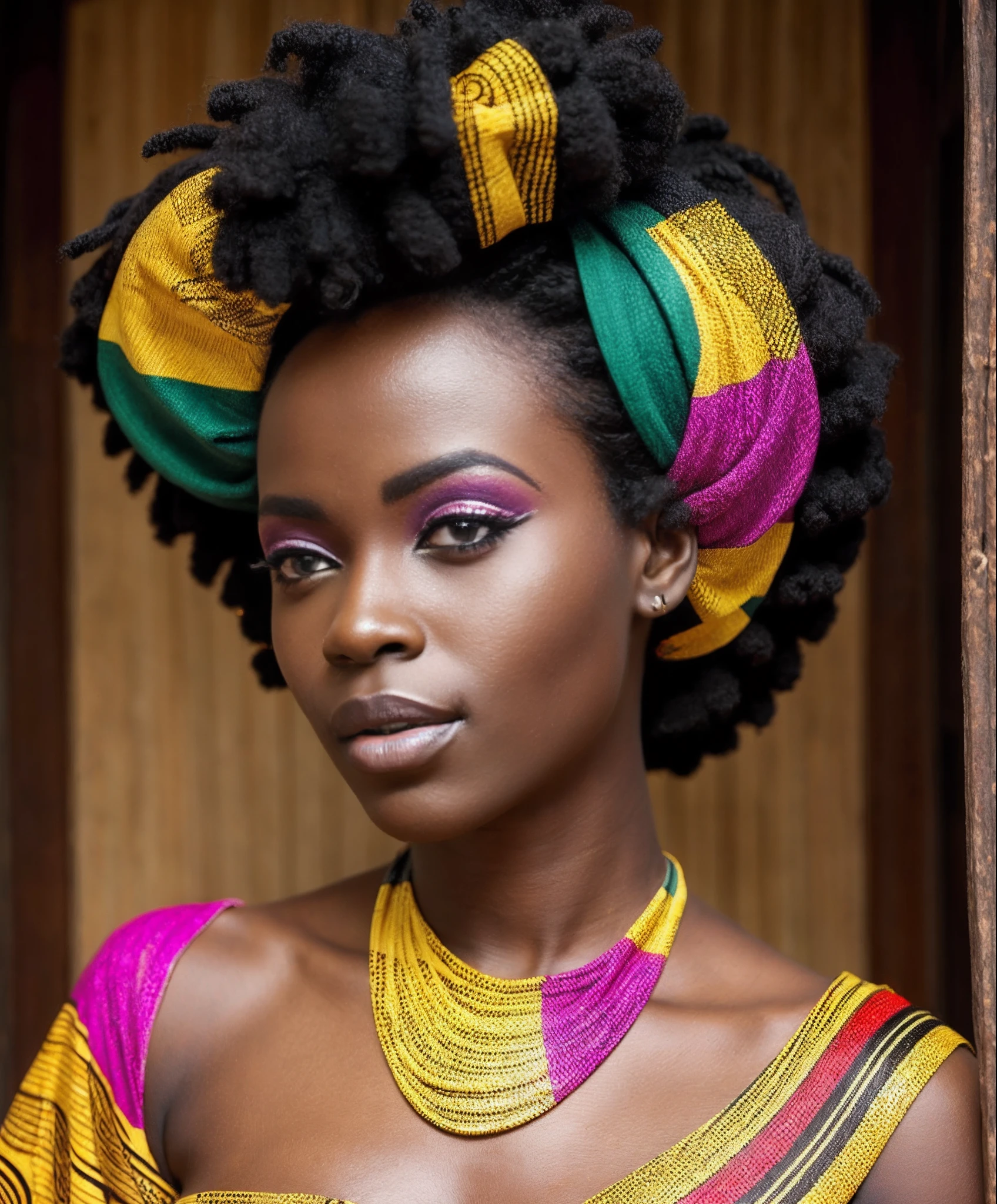 (Best quality), (Masterpiece), A photographic portrait of an African woman with creative makeup inspired by the culture and nature of Africa. (Texture ultra-detailed skinz), The woman should have dark skin, black curly hair, and black eyes. The makeup should be colorful and vibrant, and should use elements of African culture and nature, such as animals, plants, and symbols. ((The photograph should be taken in a african house)).