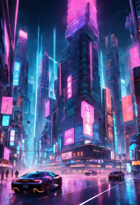 "Create a vivid depiction of 'Cybecity,' a futuristic urban landscape defined by neon-lit skyscrapers, holographic billboards, and bustling streets. Imagine a city where technology and vibrant colors merge to form a dazzling visual spectacle. Capture the e...