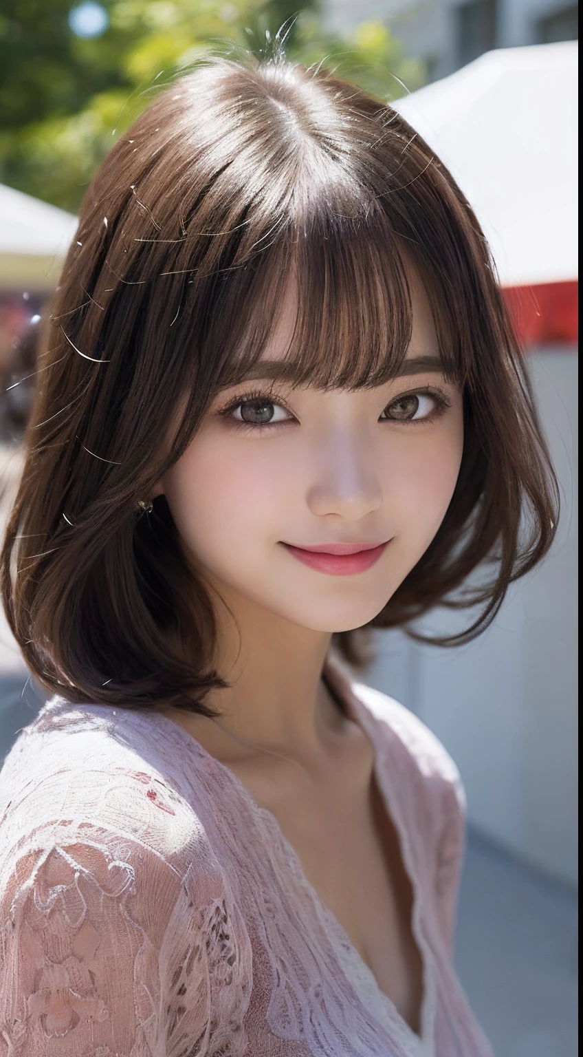 masutepiece, Best Quality, Illustration, Ultra-detailed, finely detail, hight resolution, 8K Wallpaper, Perfect dynamic composition, Beautiful detailed eyes, Women's Fashion Summer,Medium Hair,small tits,Natural Color Lip, Bold sexy poses,Smile,Harajuku、20 years girl、Cute、Sexy shot looking at camera