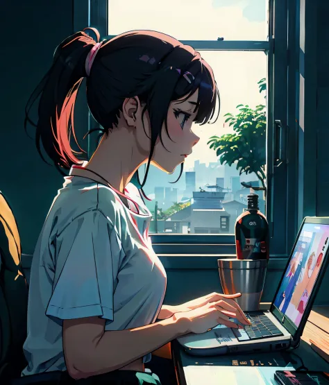 anime girl sitting at a desk with a laptop computer, digital anime illustration, lofi girl, lofi portrait, lofi portrait at a wi...