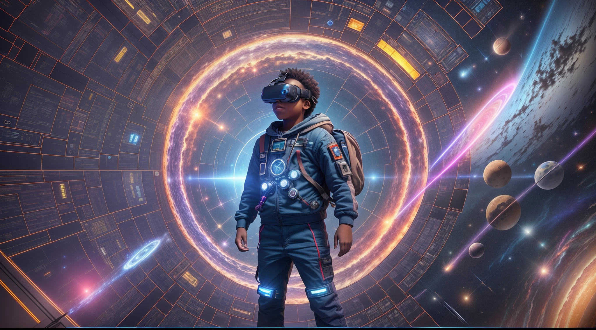 Ein 12-jähriger Nigerianer, molliger Junge mit kurzen schwarzen Haaren, mit futuristischer VR-Brille, an kompliziert futuristic backpack with blinkende Lichter, mit einem Fuß nach vorne auf einem leuchtenden Portalpad stehen, Arme ausgebreitet, Körper nach vorne geneigt, bereit, in ein wirbelndes Portal aus Blau zu springen, violettes und rosa Licht und Wolken vor ihm. Detailed kompliziert sci-fi machinery, blinkende Lichter, glühende Energiequellen, und fortschrittliche Technologie umgibt ihn. Dramatische Beleuchtung erzeugt einen starken Kontrast zu seinem aufgeregten Gesichtsausdruck, während er durch Raum und Zeit reist. Porträtfoto, ausführlich, kompliziert, fotorealistisch, unwirkliche Engine, Octane render, volumetrische Beleuchtung, filmische Beleuchtung, 35mm lens, große Tiefenschärfe. --auto --s2