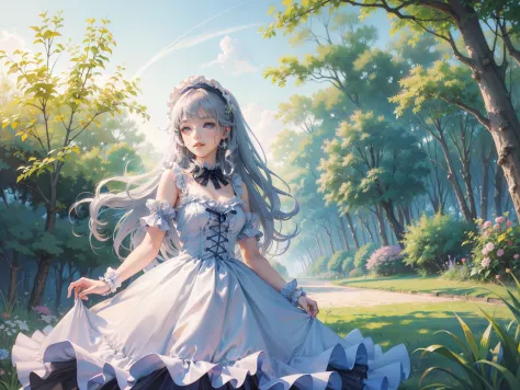 One Cute anime girl in the garden picnic,very long and curly violet hair,shining haired deity,wearing blue cute Lolita princess ...