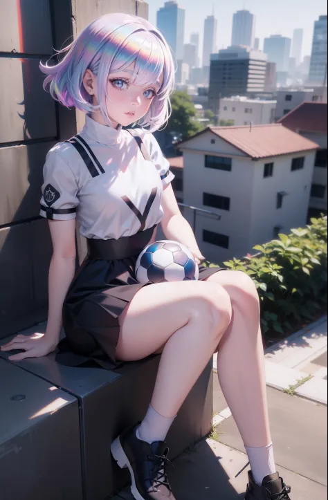 Anime girl sitting on a ledge with a soccer ball, menina bonita do anime agachamento, menina anime sedutora, anime moe artstyle,...