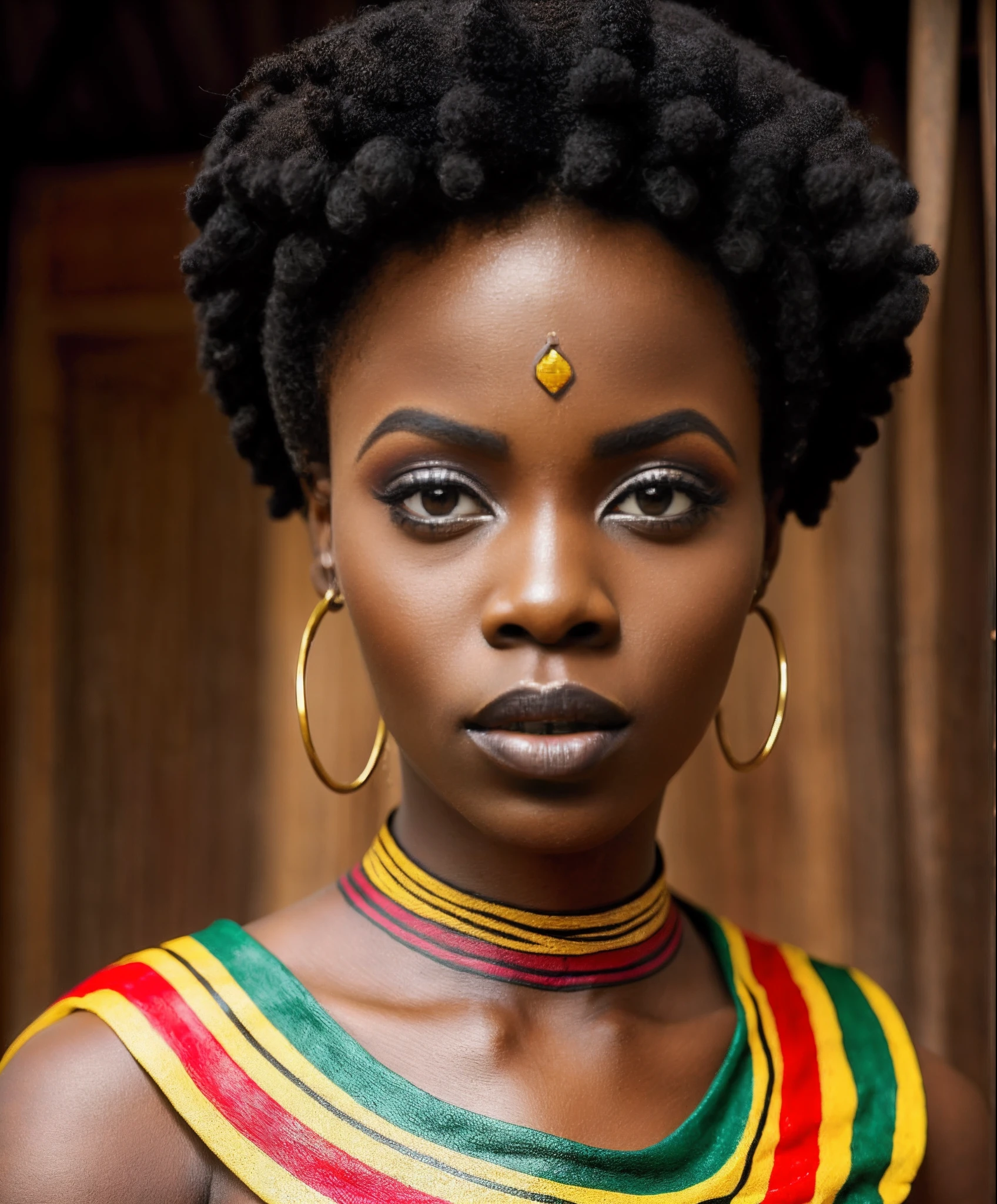 (Best quality), (Masterpiece), A photographic portrait of an African woman with creative makeup inspired by the culture and nature of Africa. (Texture ultra-detailed skinz), The woman should have dark skin, black curly hair, and black eyes. The makeup should be colorful and vibrant, and should use elements of African culture and nature, such as animals, plants, and symbols. ((The photograph should be taken in a african house)).