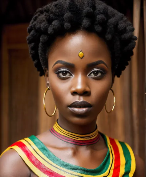 (Best quality), (Masterpiece), A photographic portrait of an African woman with creative makeup inspired by the culture and natu...