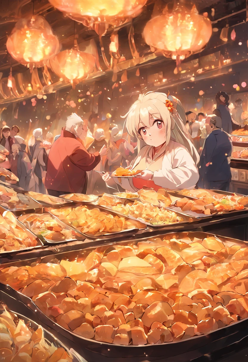 Anime - style image of a woman serving food to a crowd - SeaArt AI