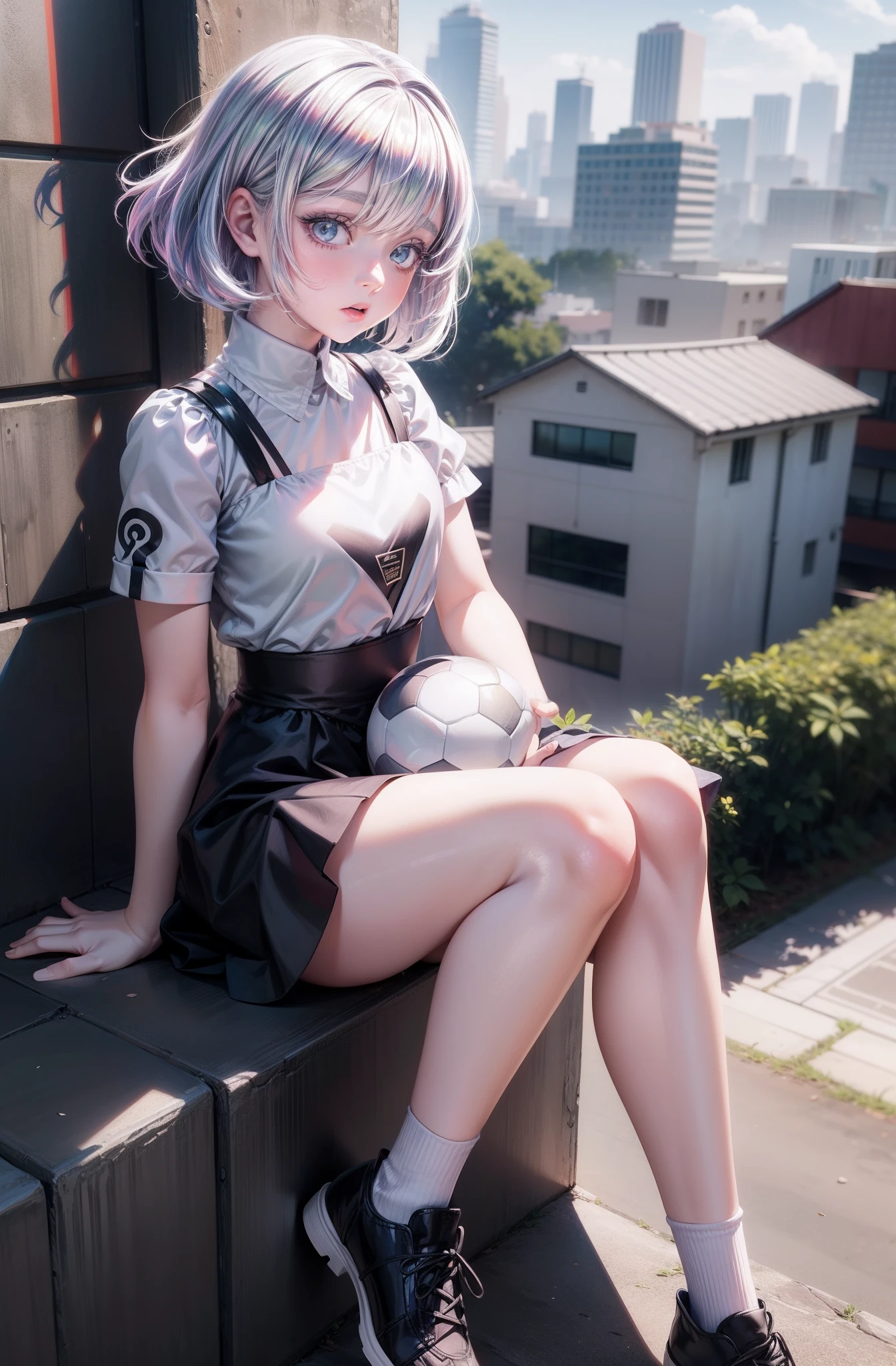 :0,Anime girl sitting on a ledge with a soccer ball, beautiful anime girl squatting, anime girl girl sedutora, anime moe artstyle, (anime girl girl), anime girl girl, anime girl girl atraente, 4 k manga wallpaper, 4K anime-style, menina bonita do anime high school, anime girl girl bonito, realistic anime artstyle, Ilya Kuvshinov com cabelo longo,  pretty anime,Diamant, multicolored wildly hair, multi colored eyes