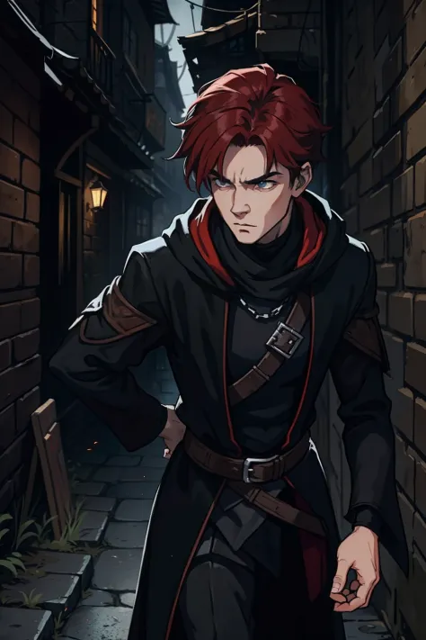 closeup of a young man with red hair emo he is a rogue and is in a black robe dark rogue clothes dark medieval costume dark in t...