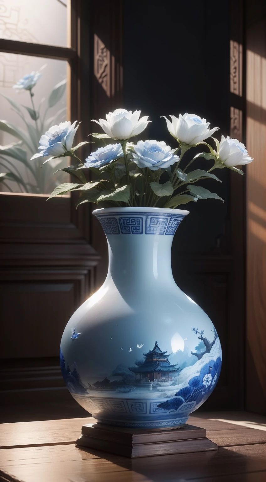 古代中国の青白磁の花瓶，詳細のクローズアップ，,丁寧に作られた磁器の花瓶，洗練された形状，ボトルの周りにはドラゴンの形をした彫刻があります，繊細な青と白のガラス，磁器の花瓶には美しい絵の模様が描かれている，磁器の白いボトル，青い線のパターン，古代の動物や人物の複雑なパターン，まばゆい光，仰角視野角，背景には古い中国のリビングルームがあります，彫刻が施された木製コーヒーテーブル，層状の被写界深度効果を備えています（光と影の効果），（被写界深度効果），（ティンダル），（光粒子追跡），（CG），（映画のような照明ビジュアル），（ボリューメトリックライティング），（アンリアル5），（シネマ4D），（鮮やかな色）,（明らかな層）,（写真賞）,（8k壁紙）,（傑作）,（最高品質）, フォトリアリスティック，現実的に