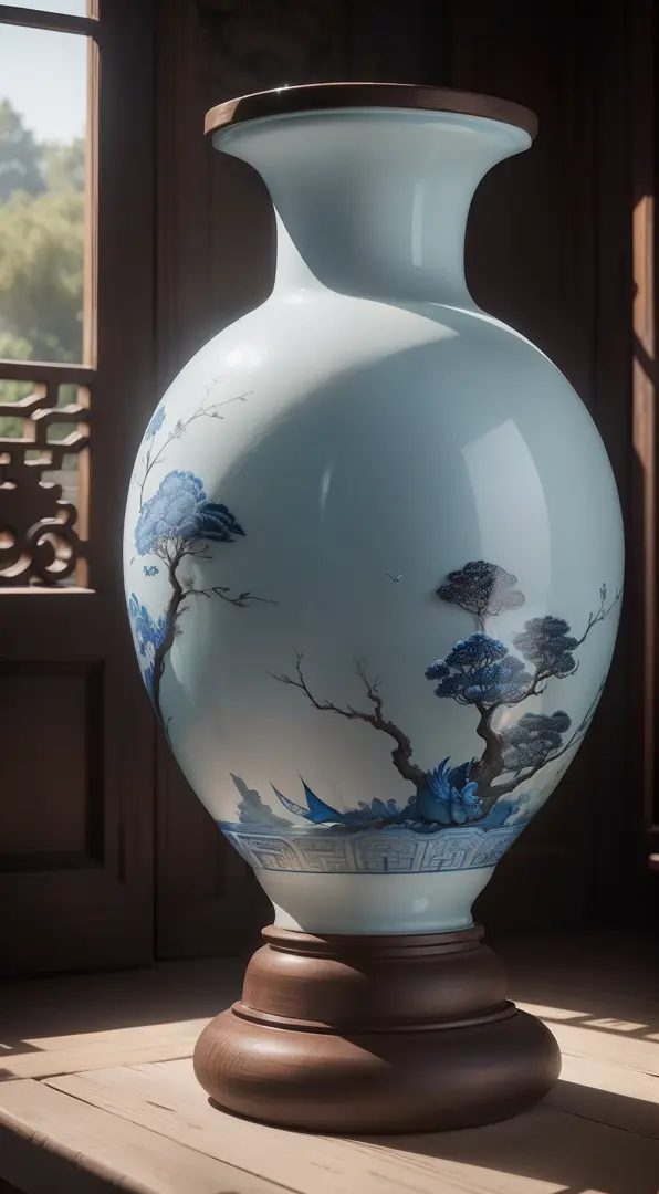 Ancient Chinese blue and white porcelain vase，Close-up of details，,Well-made porcelain vases，Sleek shape，There is a dragon-shaped sculpture around the bottle，Delicate blue and white glass，The porcelain vase has exquisite painting patterns on it，Porcelain w...