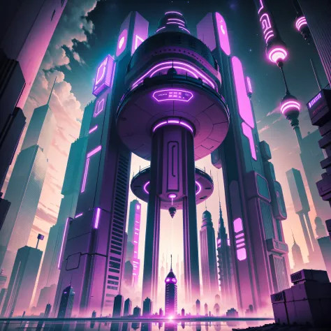 Futuristic retro city with a vibrant purple color scheme.