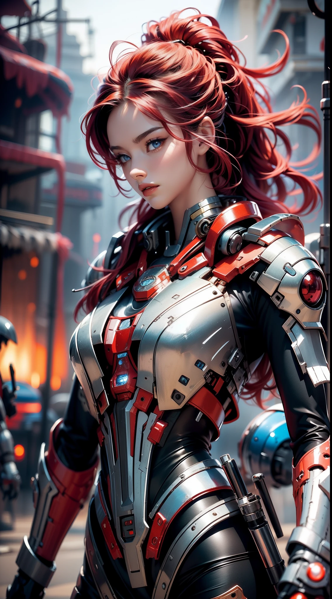 Red mech female warrior，18 years old young girl，Nice face，HD ratio，The atmosphere of the planet Pandora，Diverse perspectives，Complicated details