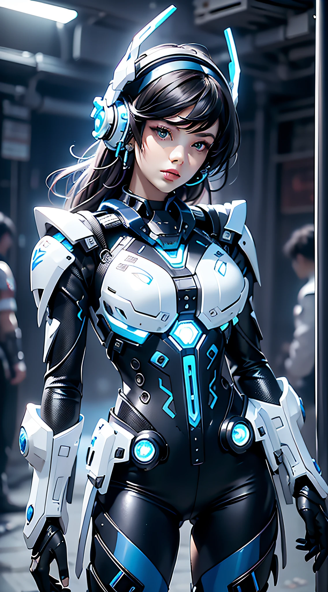 Black and white mixed color mech female warrior，18 years old young girl，Wear blue headphones，Nice face，HD ratio，The atmosphere of the planet Pandora，Diverse perspectives，Complicated details