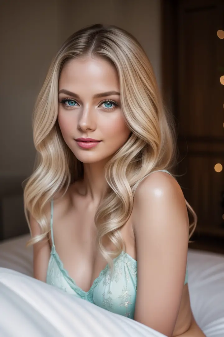 photo of young and beautiful woman, blonde hair that falls gently in waves up to the shoulders, average height, big green eyes, fair skin, she's in her pajamas, she's in her bed, doing skin care before bed, The environment is illuminated with lights of war...