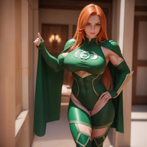 Redhead Green Lantern Cosplay Female, realistic, incredibly detailed, 8k resolution, freckles, cheerful smile, intricate cosplay...