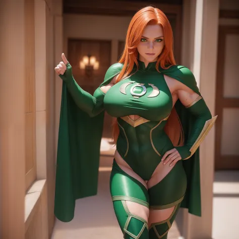 redhead green lantern cosplay female, realistic, incredibly detailed, 8k resolution, freckles, cheerful smile, intricate cosplay...